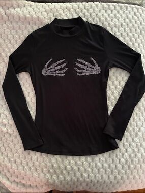 NWOT Black Long Sleeve Tee with Rhinestone Skeleton Hand Motif